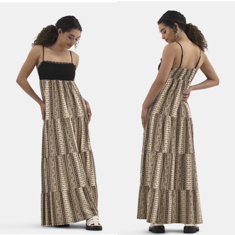 No Boundaries Lace Bodice Tiered Maxi Dress Floral Boho Black Tan L Cottagecore